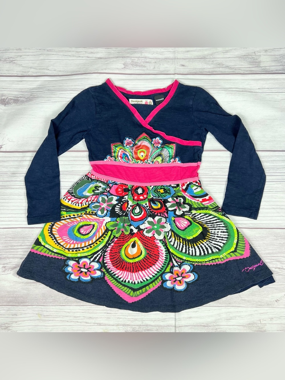 Desigual Navy Blue Patterned Dress Sequin Accent Spanish Designer Girls Size 8